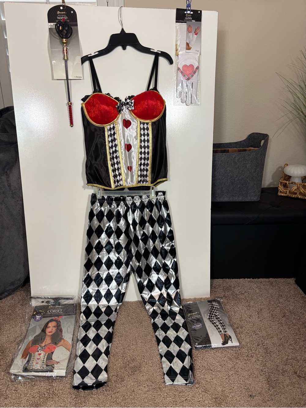 Storybook Costume Red Queen w Corset, Harlequin Leggings - & Red Black & Silver